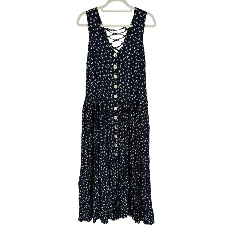 Vintage 90s Boutique Europa Blue Floral Maxi Dress Button Front Lace Back Sz 14